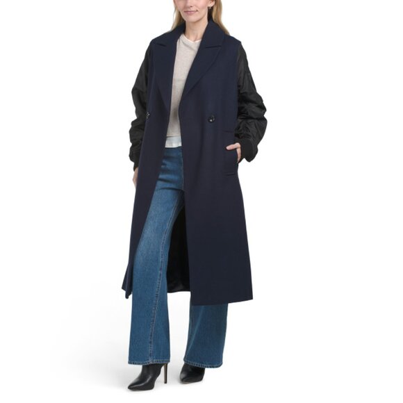 KARL LAGERFELD Navy Wool Blend Double Breasted Bomber Sleeve Coat